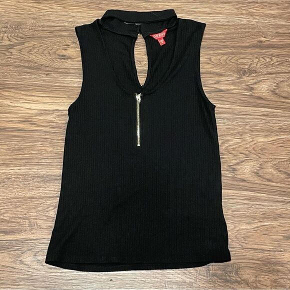 Guess Sleeveless Choker Ribbed Top 1/2 Zipper Front Black Size Medium - Picture 6 of 12